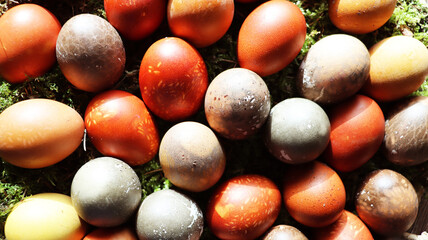 Natural egg on wicker tray. Easter table decoration