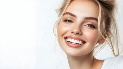 Beautiful blond woman smiling at the camera in headshot on white background, insanely detailed portrait of a beautiful girl. Young female with perfect smile and cheerful expression. generative AI.