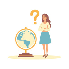  minimal flat woman Standing next to a globe with a question mark above it flat vector