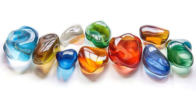 A collection of smooth, polished stones in vibrant colors like blue, red, green, and amber, arranged harmoniously on a white background
