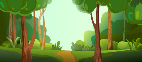 Path in summer forest. View of trees. Scenery Landscape. Fun cartoon style. Vector