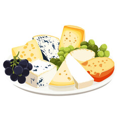  flat A cheese platter featuring various cheeses and grapes. vector