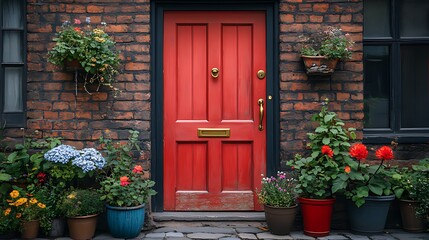 Red front door with brick wall and potted plants.