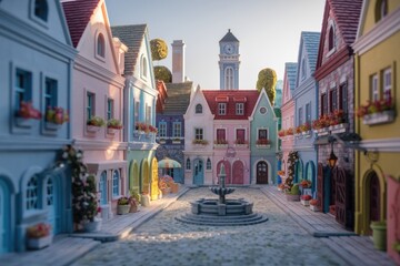 Obraz premium A charming miniature town square with pastel-colored houses, a fountain, and a clock tower under a clear sky.