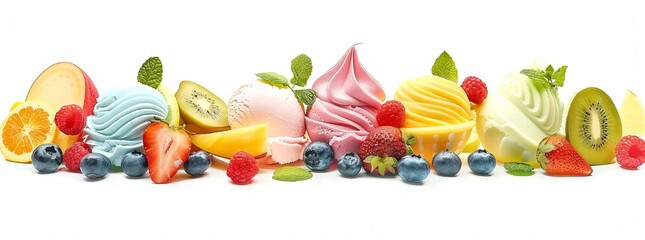 Scoops of colorful ice cream with fruit slices, isolated on a white background tulips isolated on white