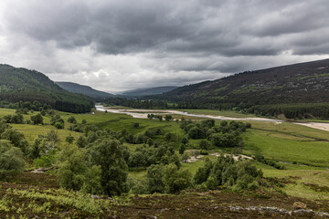 River Dee view looking towards Victoria Bridge, Braemar, Cairngorm National Park, Royal Deeside,...