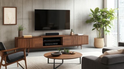 Modern living room with TV, wooden furniture, and plants.