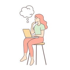  flat woman Sitting on a stool laptop on lap thinking vector