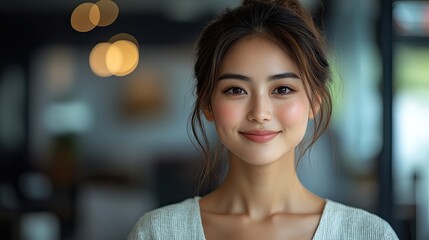 Portrait of a smiling Asian businesswoman in an office with a colleague, possibly for a meeting or discussion