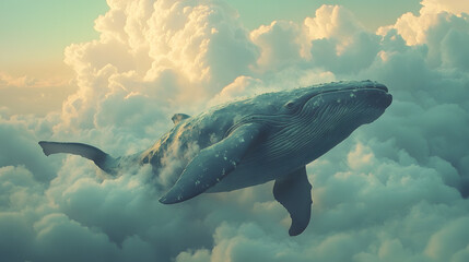 Fototapeta premium majestic whale swimming through fluffy clouds, creating surreal scene