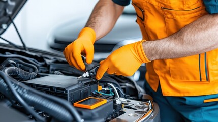 A mechanic in orange gloves works on a vehicle"s engine, using tools to inspect and repair components under the hood.