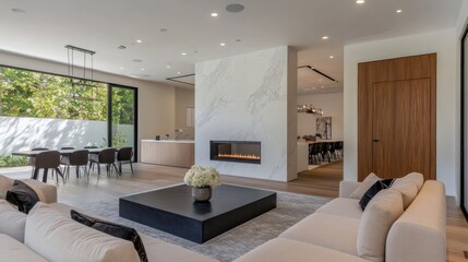 Modern living room with fireplace, marble wall, and open floor plan.
