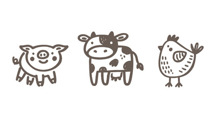 Hand drawn farm animals: pig, cow, and chicken in minimalistic style © Victoria
