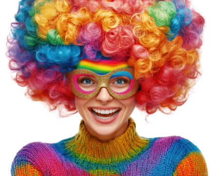 Smiling woman with rainbow wig and gold mask, isolated on white. PNG transparent.