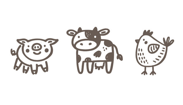 Hand drawn farm animals: pig, cow, and chicken in minimalistic style