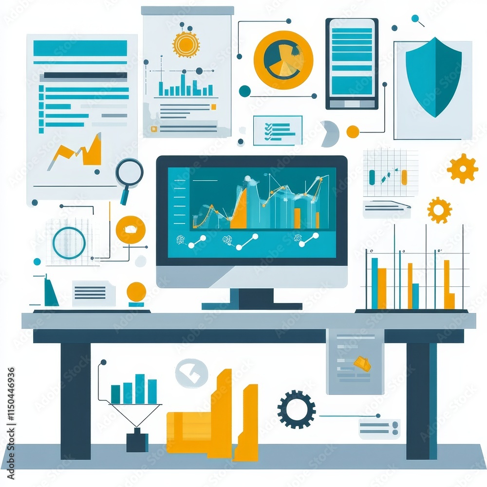 Aufkleber modern workspace with computer displaying data analytics and various business graphics, ideal for da