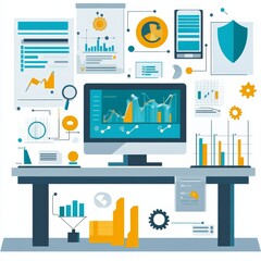 Modern Workspace With Computer Displaying Data Analytics and Various Business Graphics, Ideal for Data-Driven Decision Making and Project Management