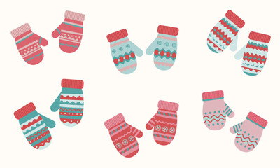 Knitted mittens and gloves set. Winter accessories. Cute vector illustration.