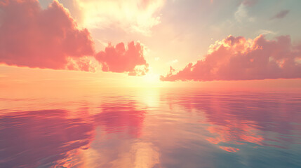 Fototapeta premium A peaceful evening sky painted in soft ruby and coral shades fading into a calm sea below.