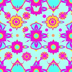 Vibrant Floral Mandala Pattern: A seamless repeat pattern design featuring bright pink and yellow flowers on a light blue background. Perfect for textiles, wallpaper, and surface design. 