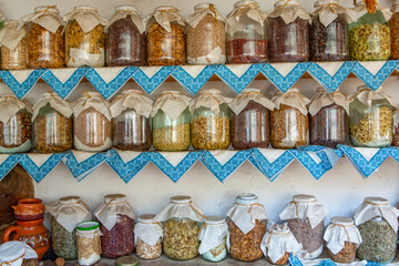 traditional underground warehouse from the Republic of Moldova full of jars of compote, cereals and vegetables