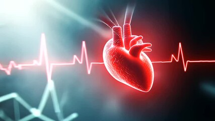 A vivid red heart glowing warmly, with an animated ECG line zigzagging dynamically across it, framed by a deep, shadowy background with faint light accents