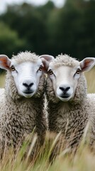 Obraz premium Twin sheep stand closely together on a foggy meadow in the countryside