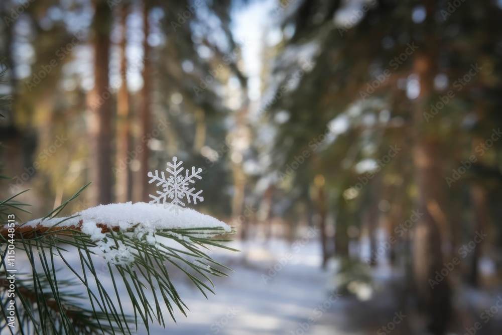 Poster a delicate snowflake rests on a snow-covered pine branch in a sun-drenched winter forest.