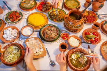 fresh traditional Romanian food served in a rustic restaurant from the Republic of Moldova.