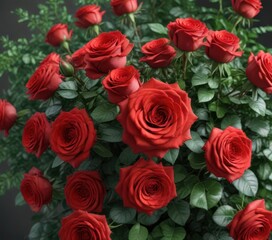 Obraz premium Big red roses bouquet with lush greenery and foliage, nature, flowers, hibiscus