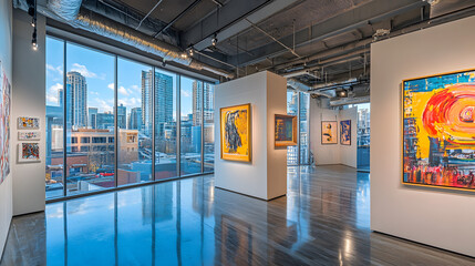 A unique art gallery room with curated pieces soft spotlights and a large glass wall framing a vibrant city view.