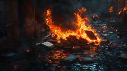 Obraz premium A pile of burning books emitting vibrant orange flames and curling black smoke in a shadowy alley.