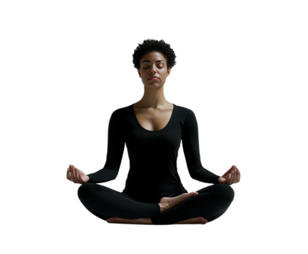 Person meditating with soft lighting. PNG transparent.