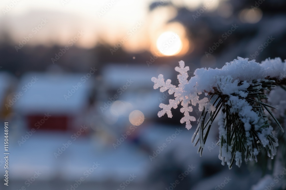 Poster A snow-covered pine branch with a large snowflake, sunset background.