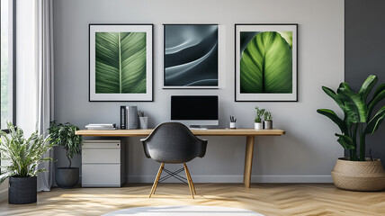 Realistic photograph of posters displayed in a natural home office, creating a relaxed and creative workspace environment.

