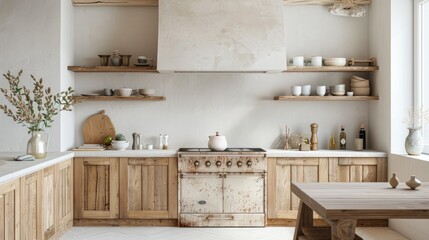 3d rendering white minimal kitchen with wood decoration