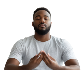 An employee meditating in a work setting, emphasizing mental health, pure flat white background. PNG transparent.