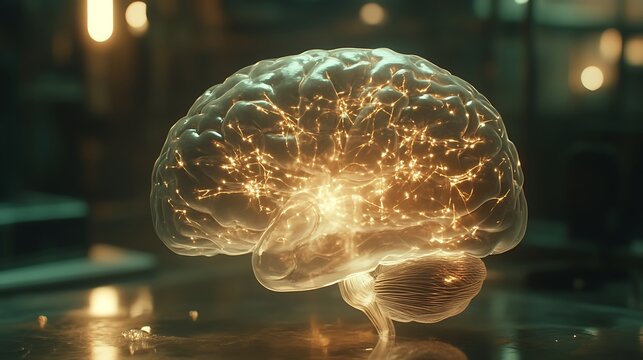 A transparent human brain with visible neural networks lighting up in reaction to different stimuli.