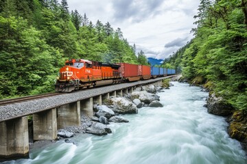 A freight train in motion crosses a bridge over a vibrant river surrounded by lush forests under a bright daylight sky, showcasing a stunning motion blur effect.