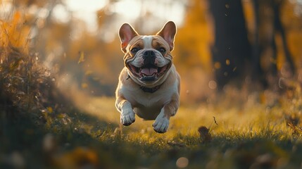 Joyful french bulldog running in a sunlit grassy field during late afternoon hours