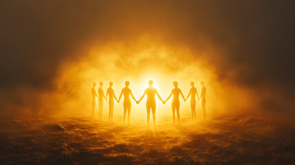 A radiant circle of figures holding hands in a glowing field of light surrounded by a luminous mist.