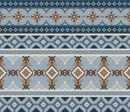 This image showcases an intricate geometric pattern in shades of blue, brown, and cream, inspired by traditional motifs. The design features rows of symmetrical diamond shapes, tribal-inspired stars