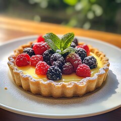 A delightful and colorful fruit tart with a buttery crust, creamy custard filling, and topped with fresh berries
