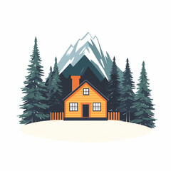 A cozy cabin in the mountains surrounded by pine trees. vector