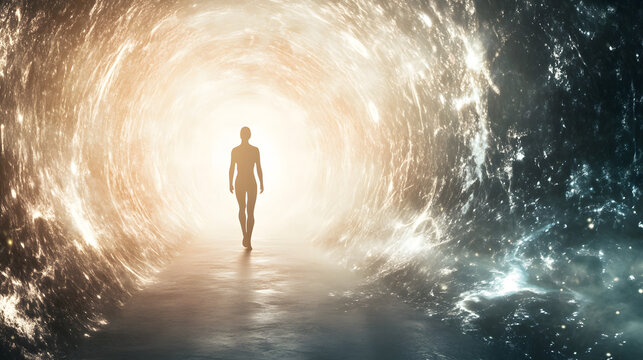 A radiant figure walking toward a tunnel of blinding white light surrounded by glowing energy waves.