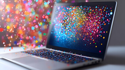 Virtual New Year Party Icon Laptop Confetti Screen Isolated White Digital Infographics Concept