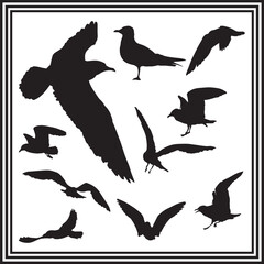 Flying heron birds silhouette set, heron clipart illustration.