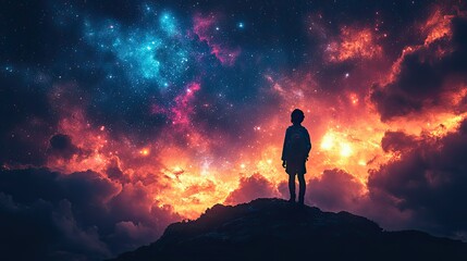 Obraz premium Silhouette of a person against a universe background with stars and galaxies, creating a futuristic wallpaper design