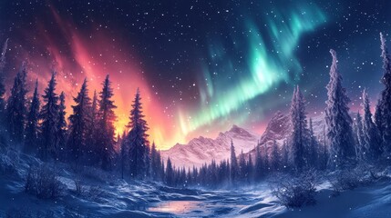 The northern lights illuminate the snowy forest in an amazing winter wonderland. Aurora Borealis dances across the night sky, creating breathtaking scenery in Lapland's natural landscape.