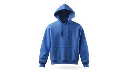 A blue hoodie displayed against a white background.